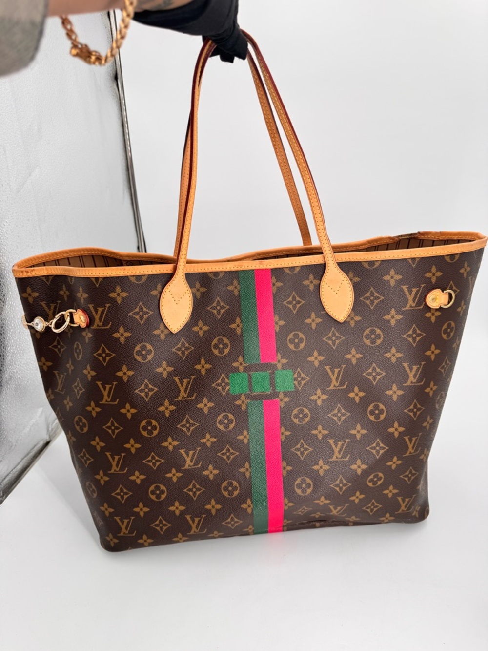 Louis Vuitton Monogram Canvas Tote with Green & Pink Center Stripe